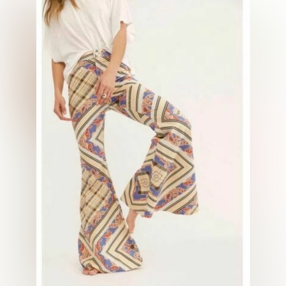 Free People Geometric Flare Pants - Cream and Blue